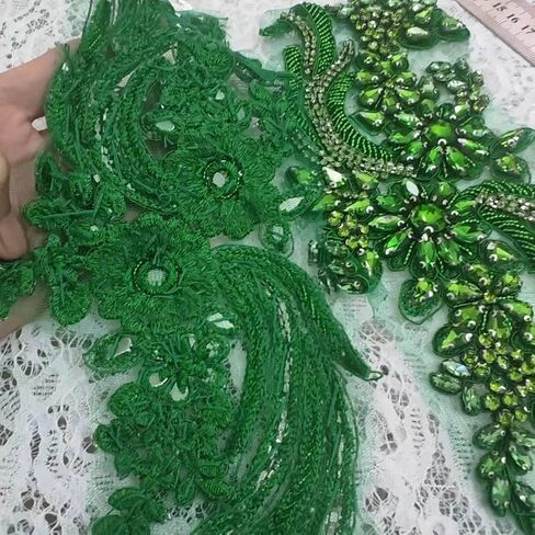 1 Pair Hand-Made Beaded Rhinestons DIY Clothing Appliques Patch Flower Applique Patch for Wedding Dress Decoration (Green) in Saudi Arabia