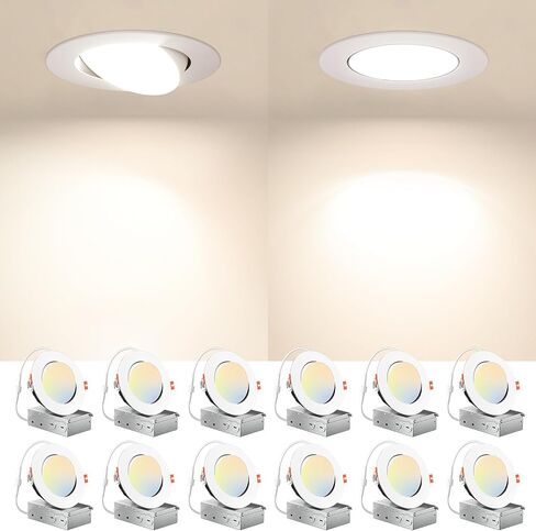 Amico 12 Pack 6 Inch Gimbal LED Recessed Lighting, 40° Tilt Adjustable Directional Canless Downlight, 2700K/3000K/3500K/4000K/5000K Selectable, Better Airtight, 15W 100W Eqv, 1100LM, ETL&FCC in Kuwait