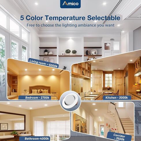 Amico 12 Pack 6 Inch Gimbal LED Recessed Lighting, 40° Tilt Adjustable Directional Canless Downlight, 2700K/3000K/3500K/4000K/5000K Selectable, Better Airtight, 15W 100W Eqv, 1100LM, ETL&FCC in Kuwait