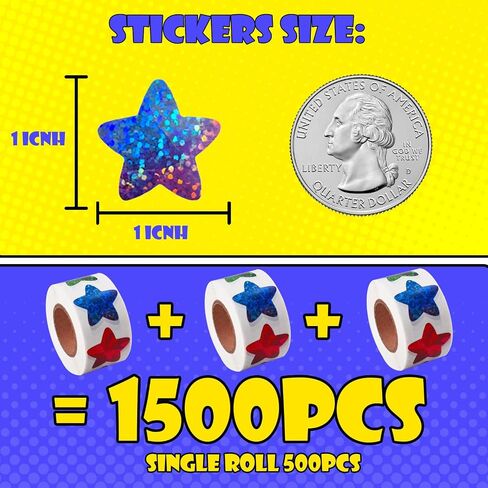 1500 PCS Holographic Star Stickers for Kids Reward, Self Adhesive Foil Colorful Star Stickers for Behavior Chart, Student Planner and School Classroom Teacher Supplies (1" Each) in Kuwait