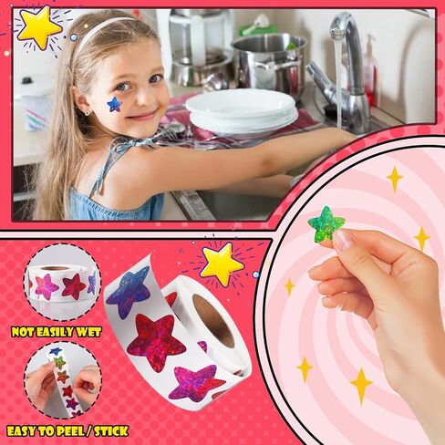 1500 PCS Holographic Star Stickers for Kids Reward, Self Adhesive Foil Colorful Star Stickers for Behavior Chart, Student Planner and School Classroom Teacher Supplies (1" Each) in Kuwait