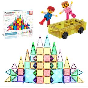 Picassotiles 60pc بلاط الماس المغناطيسي + شاحنة سيارة مصغرة مع حزمة شخصيات الحركة ، وحجم السفر أثناء التنقل في المغناطيس ، والتعلم البخاري والتعليم فكرة هدية.
