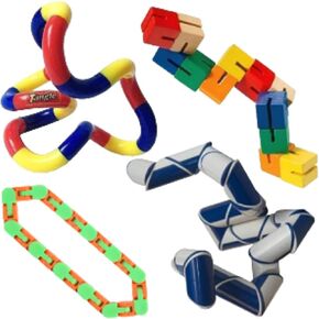 حزمة الحسية حزمة الإجهاد اختصار ألعاب الإغاثة من أجل التركيز والهدوء مع Tangle® Classic ، Snap N Click Click Clicks ، Wooden Combing و Round Snake Fidget 4 PK