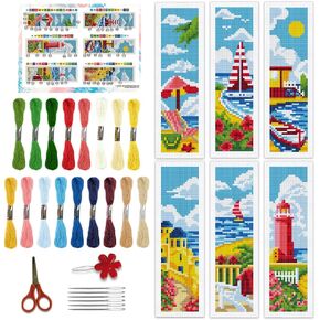BEUNITONE 6 PCS Summer Cross Stitch Borkmark Kits for البالغين المبتدئين مرجعين للمناظر الطبيعية المشهورة عبر مجموعات غرزة مع تعليمات مرجعية لمجموعة الإبرة لعشاق القارئ هدية 8'x2.4 '' '