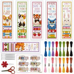 ORIGACH 6 Pcs Cross Stitch Bookmark Kit for Beginner Adults, Cute Animals and Books Stamped Embroidery Bookmark Kit with Instruction for Starters Printed Cross Stitch DIY Kits for Book Lovers