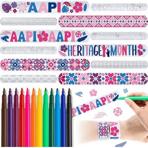 Vinsot 60 Pcs Asian American and Pacific Islander Heritage Month Slap Bracelets DIY Aapi Slap Bracelets with 12 Color Marker Bulk for Kids Party Classroom Stationery Supplies