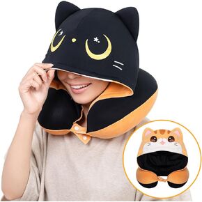 Travel Neck Pillow with Hood,Cute Cat Neck Pillow for Kids & Adults, Memory Foam Neck Pillow for Flight Headrest Sleep, Reverible Travle Pillow with Black Cat & Brown Cat