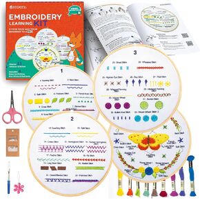 Azenera Embroidery Kit للمبتدئين - تعلم 33 غرزة ، أنماط بسيطة مع مقاطع فيديو للبالغين | يتضمن المواضيع ، الطوق ، 4 تصميمات للأقمشة ، أدوات (AZD200)