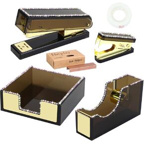 Buqoo Bling Sparkly Rhinestones Acrylic Office Supplies Set Black Stapler and Tape Dispenser Set with Staple Remover, Sticky Note Holder, Staples, Tape Rolls, Desk Accessories Set