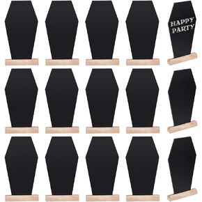 BENECREAT 16Sets Black Wood Tabletop Chalkboard, 6.1x3.1 Inch Coffin Shape Blackboard with Stand for Buffet, Message Board Signs for Halloween Weddings Parties