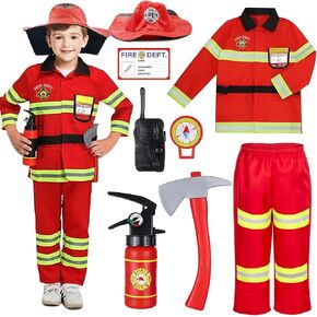 Firefighter Costume for Kids with Tool,Fireman Outfit Toys for Boys and Girls Birthday Halloween Party Dress Up 8PCS