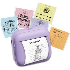 Portable Sticker Printer 5 Rolls Sticker Mini Label Maker Bluetooth Thermal Inkless Monochrome Print Pod for Study Notes, Work, Receipts, Purple