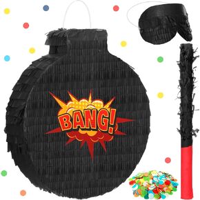 Wettarn Hero Boom Piñata for Birthday Party Large Black Piñata with Blindfold Stick Confetti Hero Theme Party Game Prop for Adults, 13.4 x 11.8 x 3 Inches