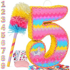 Number 5 Pinata for Birthday Party Decorations, Unicorn Mermaid Theme Pink Piñata Games Toy (5th)