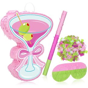 Harloon Pink Martini Piñata with Stick Blindfold Confetti Margarita Bachelor Party Decorations Cocktail Wine Glass for Margs Matrimony Birthday Martini Party Supplies