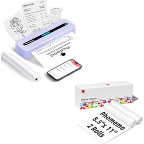 Phomemo M832 Portable Thermal Printer Purple & 2 Rolls Thermal Printer Paper 8.5 x 11 Inch US Letter