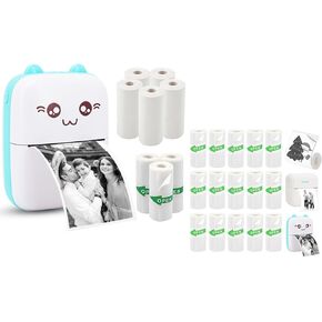 Mini Pocket Printer Set with 8 Rolls Printing Paper + 15 Rolls Thermal Sticker Paper Set, Blue