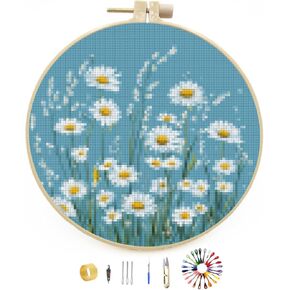 DIY مختومة Cross Stitch Kits Little Wild Daisy Flowers سهلة للمبتدئين مع Hoop 11ct Counted Entedlepoint Crafts Arts لعشاق المصنوعة يدويًا والديكور المنزلي 30x30 سم (3)