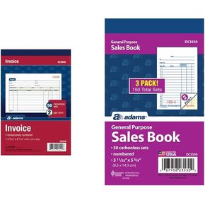 Adams Invoice Book, 2-Part, Carbonless, 5-9/16 x 8-7/16 Inches, 50 Sets per Book (DC5840) & General Purpose Sales Book, 2-Part, Carbonless, White/Canary, 3-11/32 x 5-5/8 Inches, 50 Sets/Book, 3 Books