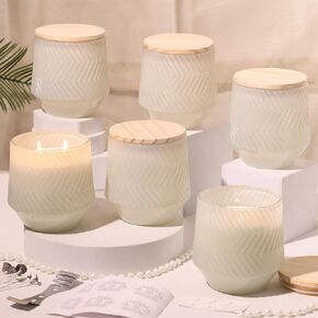 Lamorgift 6 PCS 13.5 OZ TERRACOTTA الجرار الشمعة الكبيرة لصنع الشموع ، ومرطبات شموع فريدة من نوعها ، وجرار زجاجية مع أغطية خشبية وملصقات لصنع الشموع ، والحاوية ، والهدية