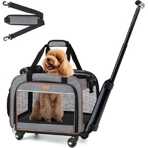 حامل الكلاب Lekebobor مع عجلات متداول شركة Cat Carrier Carrier Carrier Airline معتمدة ، حاملة حيوانات أليفة ذات عجلات مع مقبض المشي التلسكوبي ، الرمادي