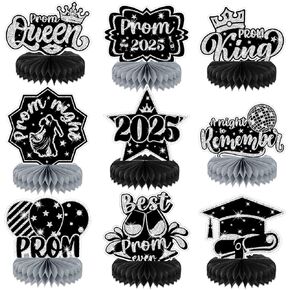 9pcs Prom Night Honeycomb Centerposes Black Silver Prom 2025 Table Decorations Class of 2025 التخرج من زخارف حفلات التخرج للمدرسة الثانوية.