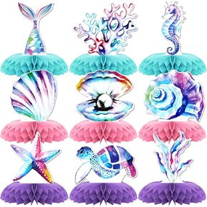 زينة الحفلات حورية البحر ، 9 PCS KSKSPE Mermaid Centerpaces للطاولات قرص العسل المركزية 3D Mermaid موضوع الحفلة الإمدادات الفتيات الفتيات