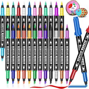 24 Colors Dual Tip Acrylic Paint Pens, Automatic Ink Control Acrylic Markers, Waterproof Paint Marker for Rock Painting, Glass, Stone, Wood, DIY Crafts Art Supplies(Dual Tip Brush+Chisel)