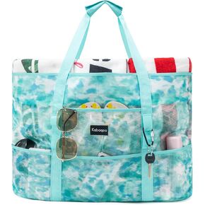KABAQOO Mesh Beach Bag, Extra Large Beach Bags with 9 Pockets & Zipper Waterproof Lightweight Beach Tote for Beach/Pool Trip