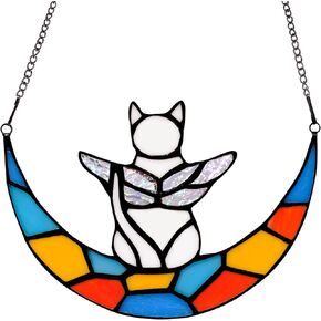 هدايا كات ميموريال لفقدان نافذة زجاجية ملون معلقة شمس Suncatcher خسارة الأليف هدية شخصية قوس قزح جسر الملائكة الجناح برتقالي كيتي هدايا لعشاق القطط (القمر الأزرق)