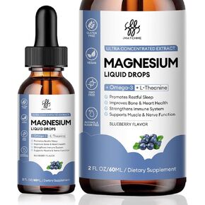 Magnesium Supplement Support Sleep, Calm, Muscle Cramp & Stress Relief, Liquid Magnesium, Gluten Free, Non GMO, Blueberry Flavor, 2 Fl Oz