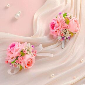 Campsis Wedding Corsage Pink Corsage and Boutonniere Set Prom Flower Wrist Corsagefor Homecoming Party(2Pcs)