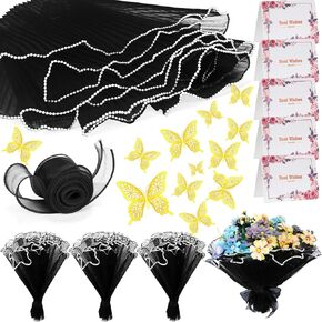 مجموعة ورق غلاف شبكات غلاف زهرة Gilprop ، 3 PCS 11in × 4 YD Wavy Pearl Flower Buouket Packaging Plaging Poster Pistior مع الشريط والفراشة ثلاثية الأبعاد وبطاقة عيد أم عيد الحب (الأسود)