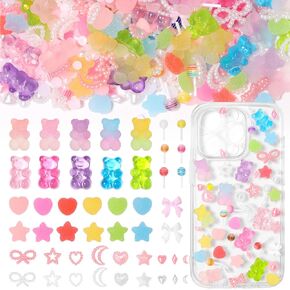 400 Pcs Candy Junk Case Charms Kit, Color Gummy Bear Lollipop Star Heart Charms for Junk Cases, Pink White Bow Moon Hearts Pearls Phone Case Charms, Assorted Slime Charms for DIY Crafts
