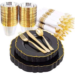 Morejoy 175pcs Pink Gold Plastic Plates-Pink Disposable Plates include: 25 Dinner Plates,25 Dessert Plates, 25 Forks, 25 Spoons,25 Knives, 25 Cups,25 Napkins for Wedding &Tea Party & Monther's Day