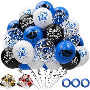 78 Pack Blue and Black Graduation Balloons Class of 2025 Graduation Decorations - 12 Inch Royal Blue White Congrats Grad Balloons with Ribbons, 2025 Grad Party Decorations for College, High School