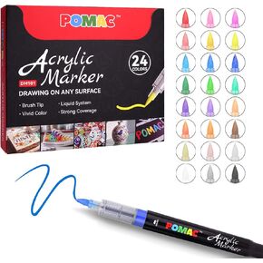 Acrylic Paint Markers Pens 12 Assorted Colors, Water-Based Paint Markers Brush Tip, No-Bleed Liquid Acrylic Marker Pens Waterproof for Fabric, Canvas, Rock, Glass, Wood, DIY Crafts, Art Supplies