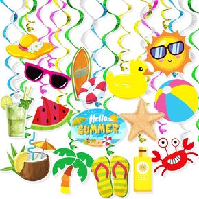 Summer Pool Beach Hanging Swirls Banner Decor 30 Pack Foil Ceiling Hanging Swirls Streams Banner Decorations Garland for Kids Luau Hawaii Celebrating Events Birthday Party Supplies Room Wall Decor