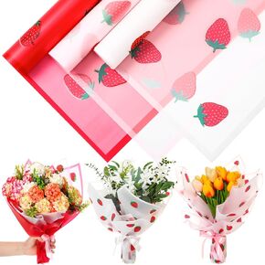 Honoson 60 Sheets زهرة باقة الورق ورقة 22.4 بوصة الأزهار باقة التعبئة والتغليف ورقة كبيرة مع نمط الفراولة في 3 ألوان غلاف زهرة مقاوم للماء لحفل عيد ميلاد عيد الأم ودوارة DIY