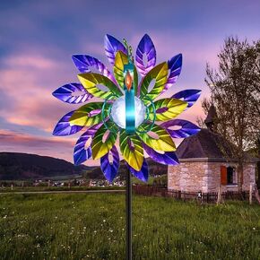 Peacock Solar Wind Spinner, Outdoor Decorative Metal Wind Sculpture with Cracked Glass Ball, Waterproof Art Windmill Landscape Stake Light for Lawn Patio Pathway Yard Courtyard Decor