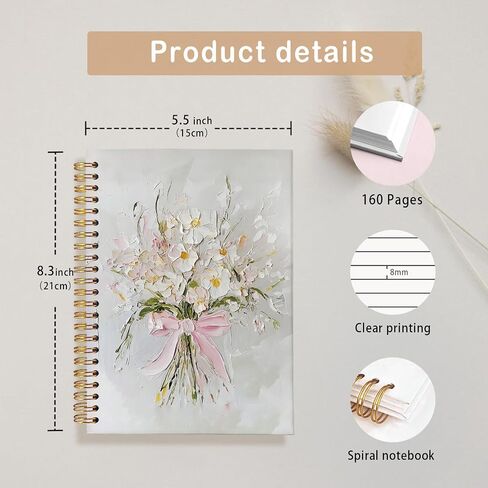 Pink Bow Flower Journal for Women ، Floral Coquette Aesthetic Noteboor ، دفتر ملاحظات عصري جدًا ، مستلزمات مدرسة Girl للملاحظات ، الكتابة والهدايا ، A5 Size 5.5x8.3 in Kuwait