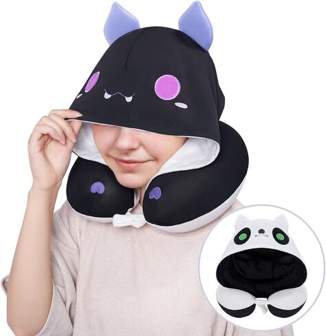 Travel Neck Pillow with Hood,Cute Cat Neck Pillow for Kids & Adults, Memory Foam Neck Pillow for Flight Headrest Sleep, Reverible Travle Pillow with Black Cat & Brown Cat in Saudi Arabia