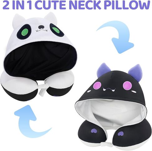 Travel Neck Pillow with Hood,Cute Cat Neck Pillow for Kids & Adults, Memory Foam Neck Pillow for Flight Headrest Sleep, Reverible Travle Pillow with Black Cat & Brown Cat in Saudi Arabia