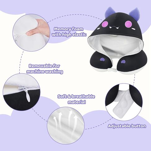 Travel Neck Pillow with Hood,Cute Cat Neck Pillow for Kids & Adults, Memory Foam Neck Pillow for Flight Headrest Sleep, Reverible Travle Pillow with Black Cat & Brown Cat in Saudi Arabia