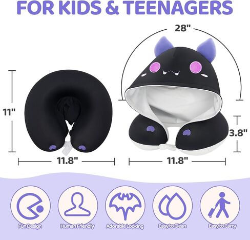 Travel Neck Pillow with Hood,Cute Cat Neck Pillow for Kids & Adults, Memory Foam Neck Pillow for Flight Headrest Sleep, Reverible Travle Pillow with Black Cat & Brown Cat in Saudi Arabia