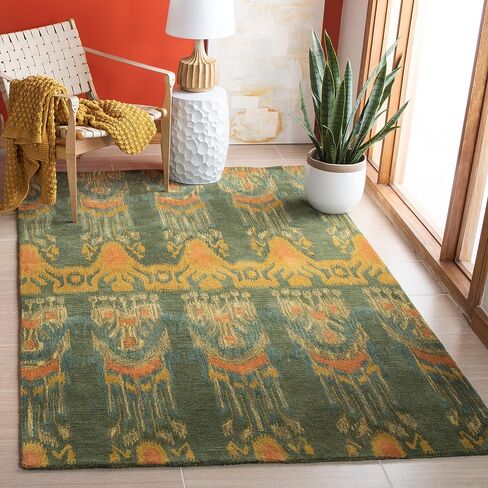 SAFAVIEH Ikat Collection Area Rug - 9' x 12', Olive & Gold, Handmade Wool, Ideal for High Traffic Areas in Living Room, Bedroom (IKT464B) in Saudi Arabia
