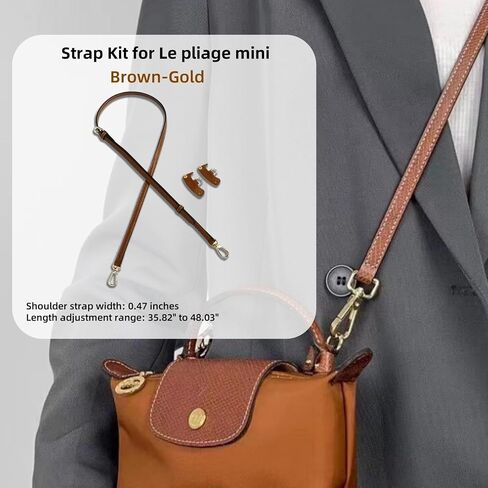 Upgraded Bag Strap Fits Longchamp Mini Bag, Leather Purse Straps Replacement Crossbody, Adjustable Straps Fit for Le Pliage Mini Pouch, Comes with Gift Box Packaging (Brown-Gold) in Saudi Arabia