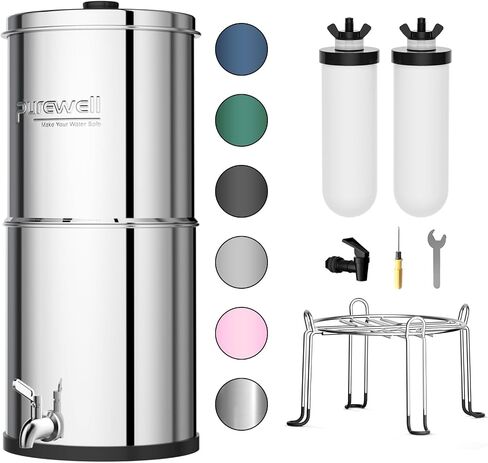 Purewell 3-Stage Gravity Fed Water Filter System, 2.25 Gallon Stainless Steel Countertop System with 2 Washable Ceramic Filters, Metal Water Level Spigot and Stand, Reduce up to 99% Chlorine, PW-OBT-K in Saudi Arabia