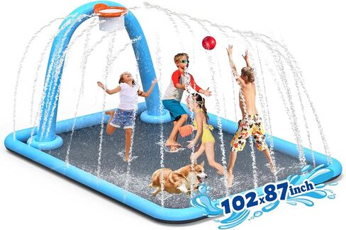 110'' Splash Pad with Ball, Basketball Hoop & Arch, Outdoor Water Mat for Kids, Dogs & Adults, Non-Slip Thickened Sprinkler Pad for Backyard Summer Fun in Saudi Arabia