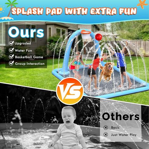 110'' Splash Pad with Ball, Basketball Hoop & Arch, Outdoor Water Mat for Kids, Dogs & Adults, Non-Slip Thickened Sprinkler Pad for Backyard Summer Fun in Saudi Arabia